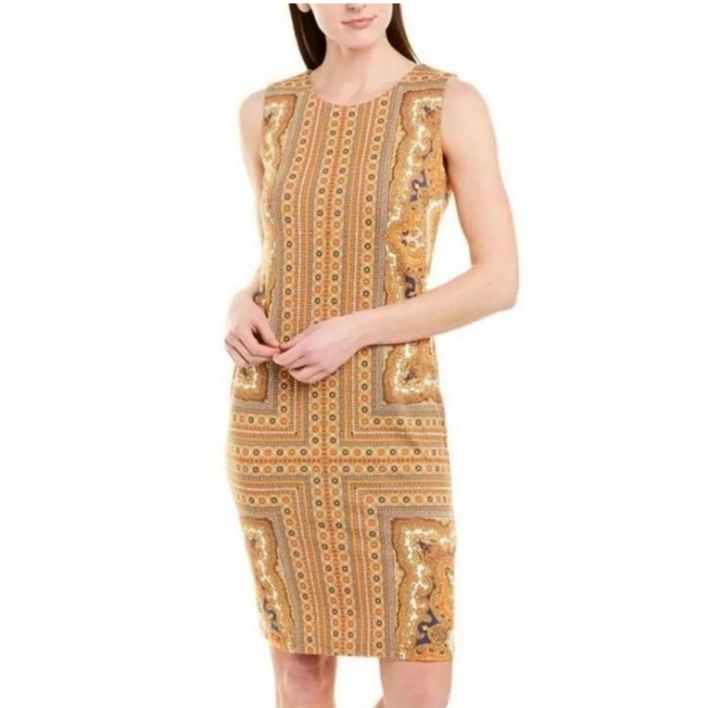 J. Mclaughlin Sleeveless Sheath Medallion Print Orange Dress Size L
